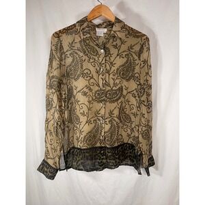 Tess Womens 100% Silk Paisley Leopard Print Sheer Button Down Blouse Large